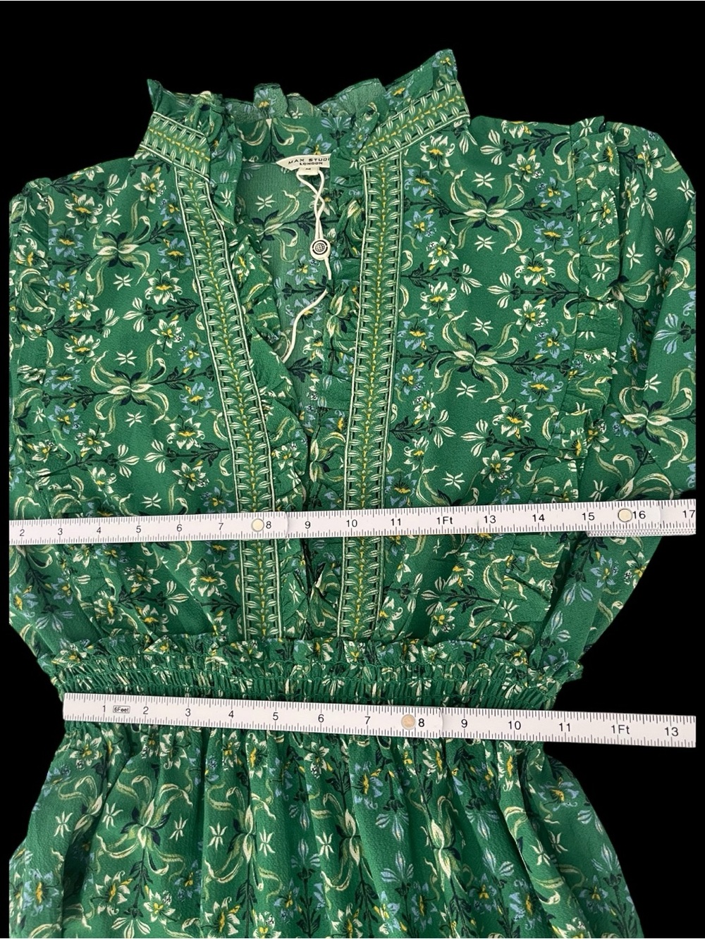 NWOT Max Studio London Green Floral Ruffle Tiered Maxi Dress M Boho Prairie - Picture 6 of 11